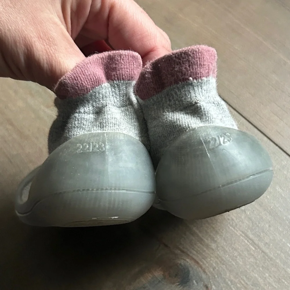 Baby & Walker Soft Sock Shoes in Light Gray with Pink Trim